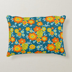 Vibrant Orange & Yellow Blooms on Deep Teal Accent Pillow