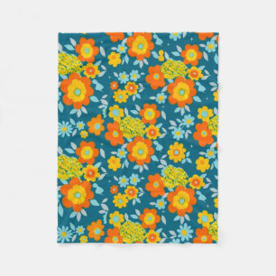 Vibrant Orange & Yellow Blooms on Deep Teal Fleece Blanket