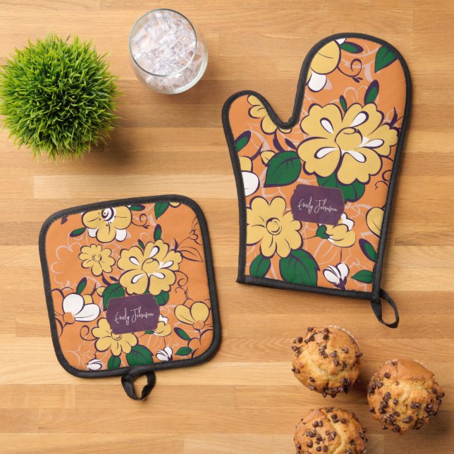 Vibrant Orange Yellow Floral Kitchen Custom Name Oven Mitt & Pot Holder Set (Top Down)