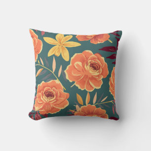 Vibrant Orange & Yellow Floral on Green Background Throw Pillow