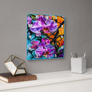 Vibrant Orchids Against a Colourful Background Square Wall Clock