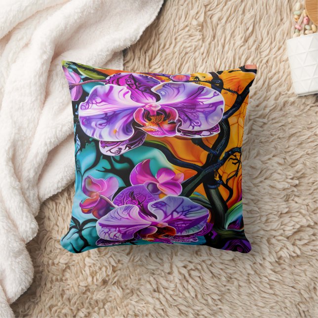 Vibrant Orchids Against a Colourful Background Throw Pillow (Blanket)