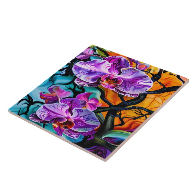 Vibrant Orchids Against a Colourful Background Tile (Side)