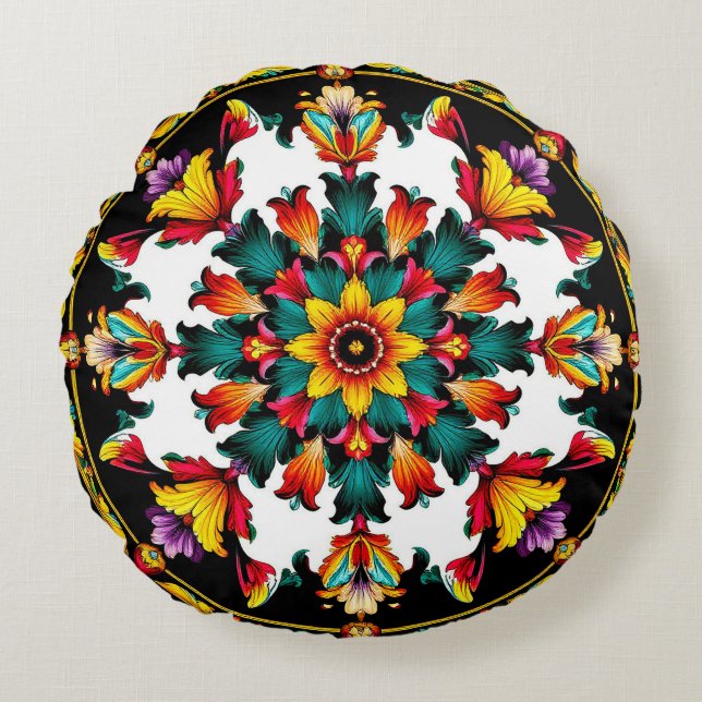 Vibrant Ornate Mandala Design Round Pillow (Front)