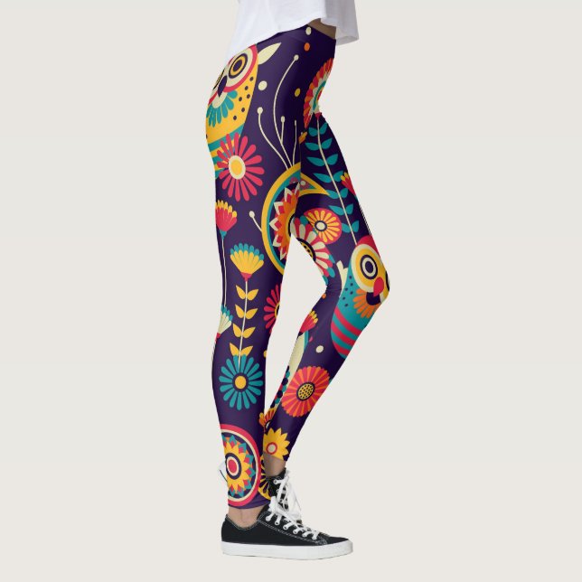 Vibrant Owl background design Leggings (Right)