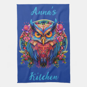 Vibrant Owl - Colourful Boho w/ Custom Name Kitchen Towel