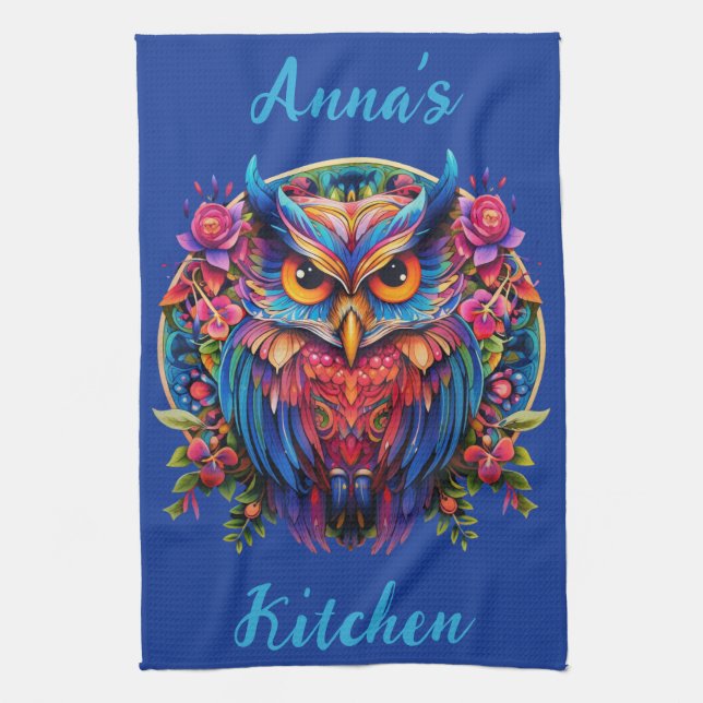 Vibrant Owl - Colourful Boho w/ Custom Name Kitchen Towel (Vertical)
