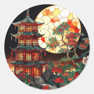 Vibrant Pagoda Stained Glass Art Classic Round Sticker