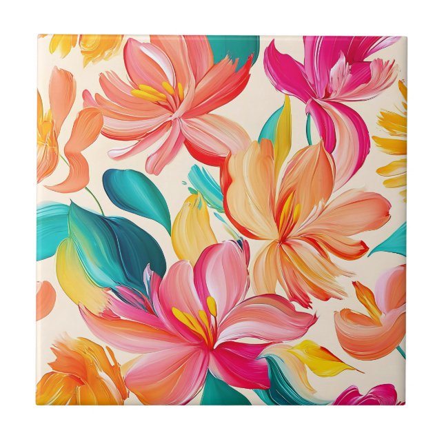Vibrant Painted Floral Pattern Tile (Front)