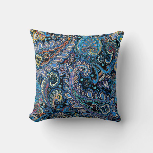 Vibrant Paisley Pattern in Blue on Black Throw Pillow (Front)