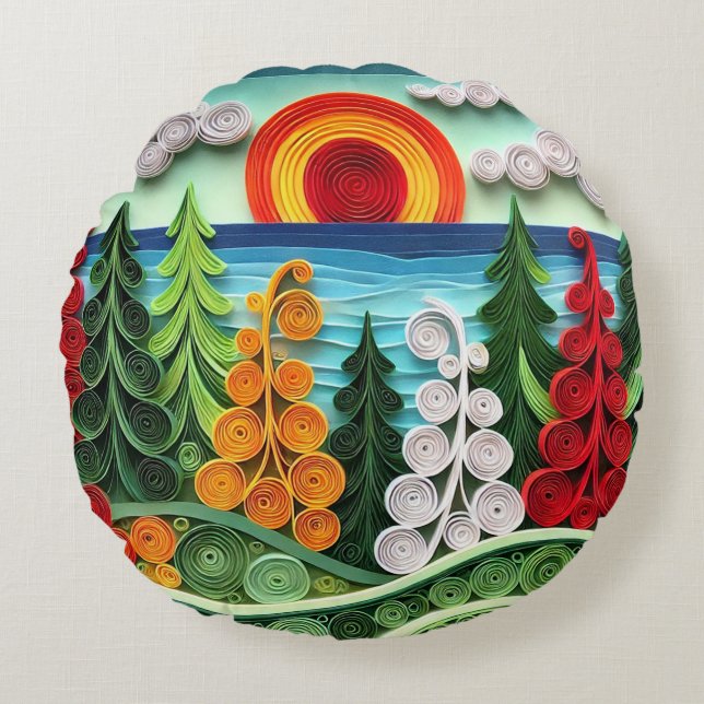 Vibrant Paper Quilling Art Displaying Colourful Fo Round Pillow (Front)