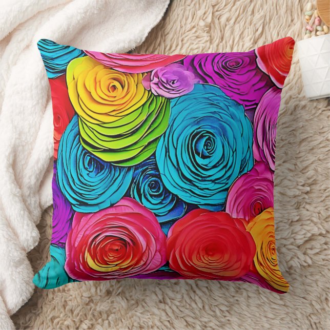 Vibrant Paper Roses Throw Pillow (Blanket)