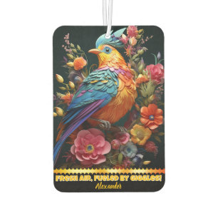 Vibrant parrot amidst colourful floral arrangement air freshener