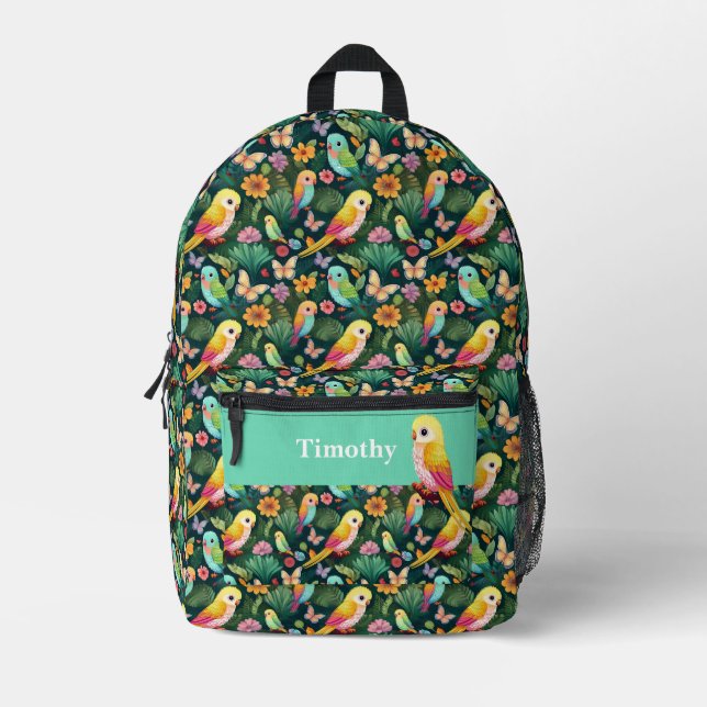 Vibrant Parrot and Forest Personalized Backpack  (Front)