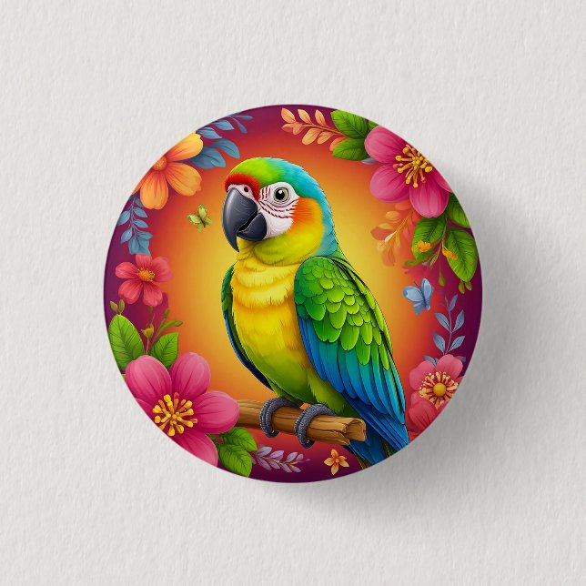 Vibrant Parrot Perched On A Branch 1 Inch Round Button (Front)