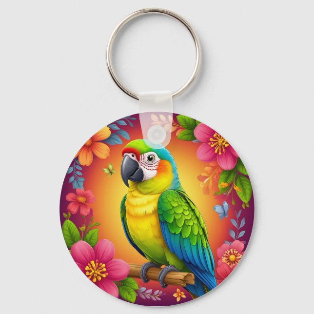 Vibrant Parrot Perched On A Branch Keychain (Front)
