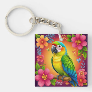 Vibrant Parrot Perched On A Branch Keychain