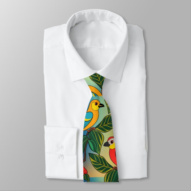 Vibrant Parrots Perched Among Leaves Tie (Tied)