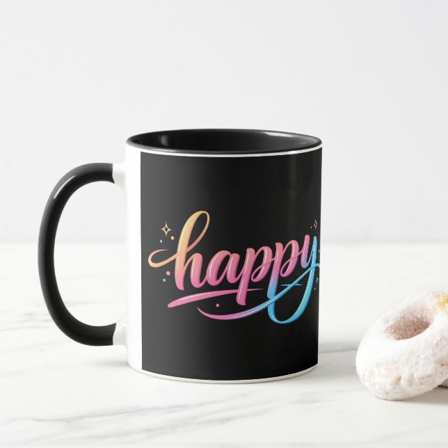 Vibrant Pastel Gradient HAPPY Typography - Modern  Mug (With Donut)