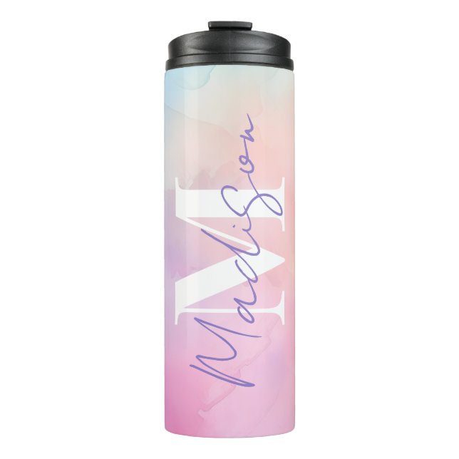Vibrant Pastel Watercolor Name Monogram Thermal Tumbler (Front)