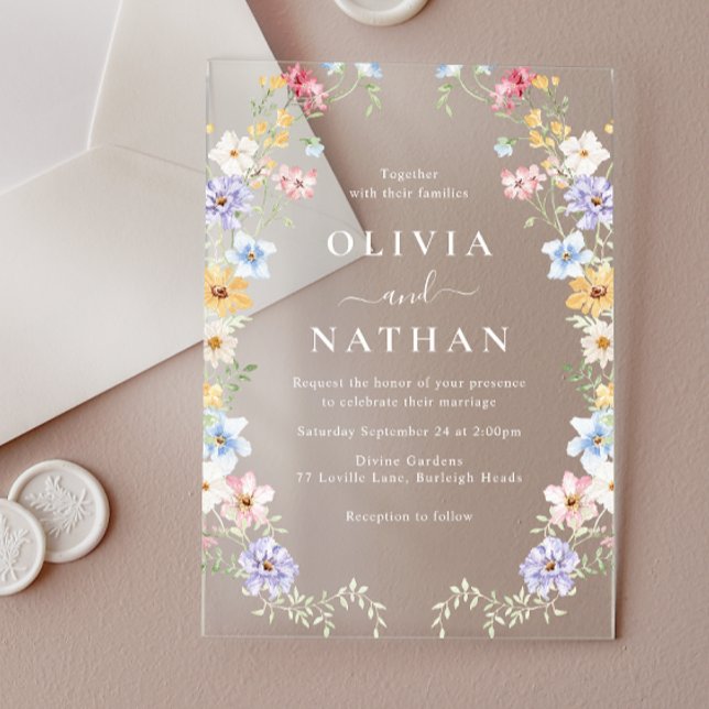 Vibrant Pastel Wildflowers Modern Wedding Acrylic Invitations (Creator Uploaded)
