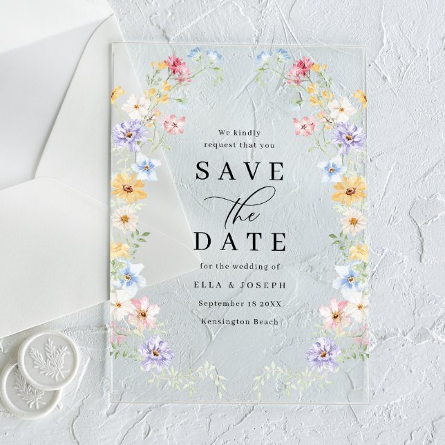 Vibrant Pastel Wildflowers Wedding Save The Date Acrylic Invitations (Creator Uploaded)