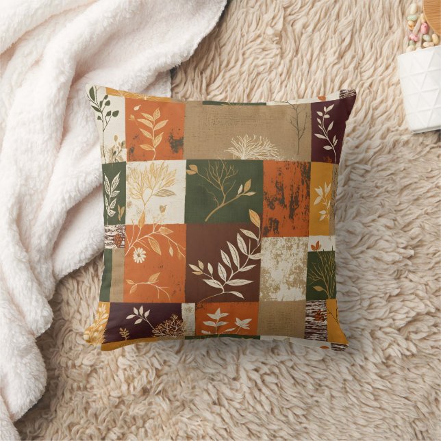 Vibrant patchwork of autumn leaves and nature throw pillow (Blanket)