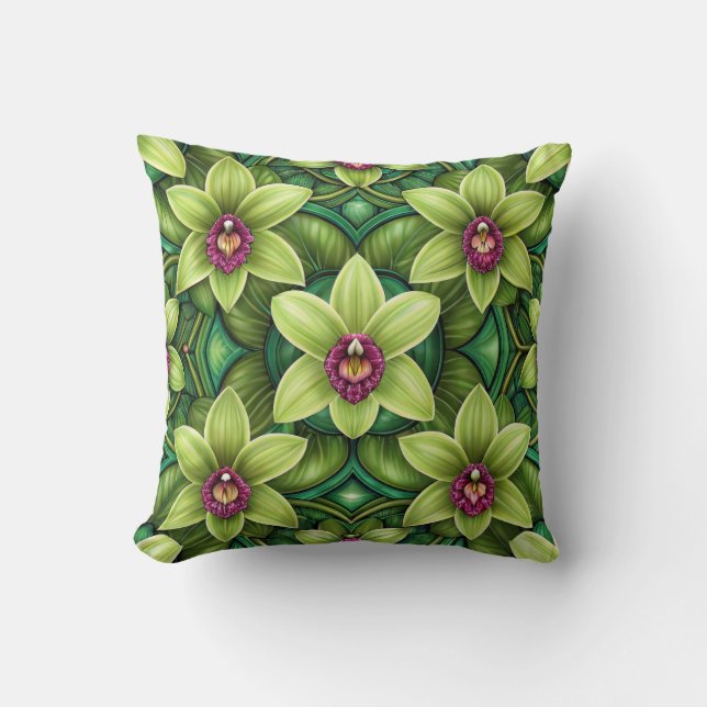 Vibrant pattern of green leaves and flowers  throw pillow (Front)