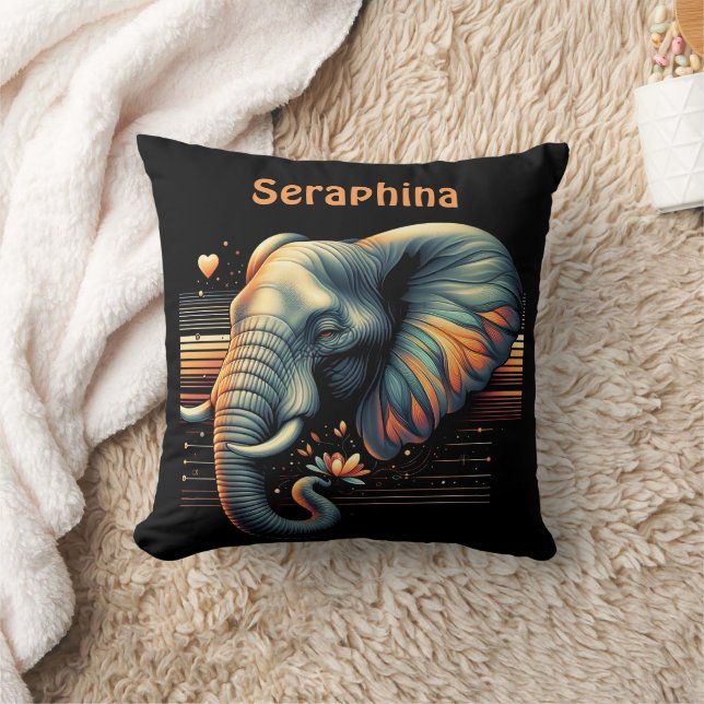 Vibrant-patterned elephant at sunset throw pillow (Blanket)