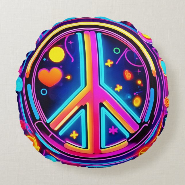 Vibrant Peace Sign Design Round Pillow (Front)