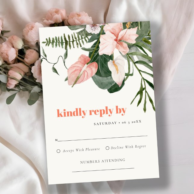 Vibrant Peach Blush Boho Tropical Floral Wedding RSVP Card (Creator Uploaded)