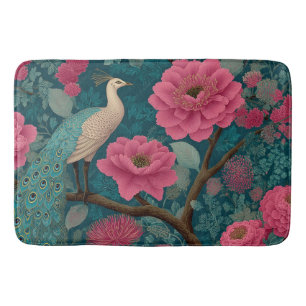 Vibrant Peacock and Pink Floral Pattern Bath Mat