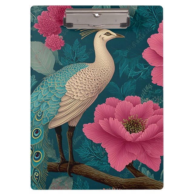 Vibrant Peacock and Pink Floral Pattern Clipboard (Front)