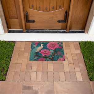 Vibrant Peacock and Pink Floral Pattern Doormat