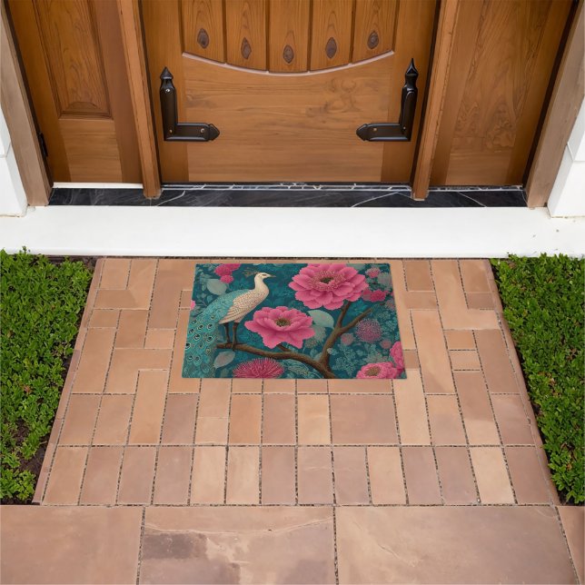 Vibrant Peacock and Pink Floral Pattern Doormat (Outdoor)