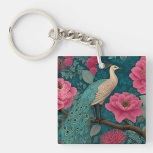 Vibrant Peacock and Pink Floral Pattern Keychain