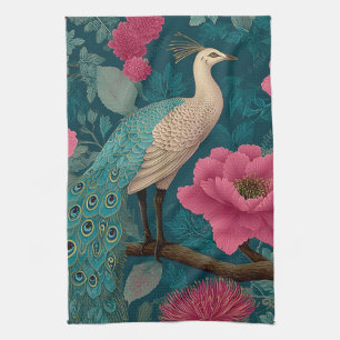 Vibrant Peacock and Pink Floral Pattern Kitchen Towel