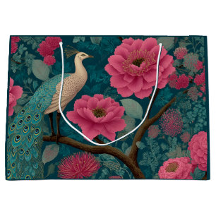 Vibrant Peacock and Pink Floral Pattern Large Gift Bag