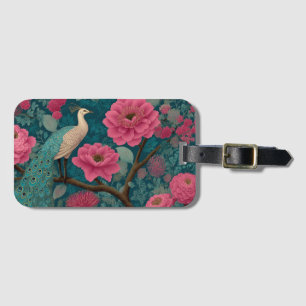 Vibrant Peacock and Pink Floral Pattern Luggage Tag