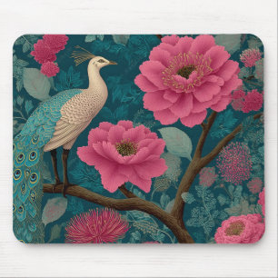 Vibrant Peacock and Pink Floral Pattern Mouse Pad