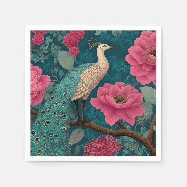 Vibrant Peacock and Pink Floral Pattern Napkin (Front)
