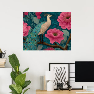 Vibrant Peacock and Pink Floral Pattern Poster