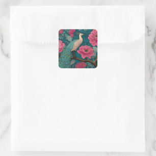 Vibrant Peacock and Pink Floral Pattern Square Sticker