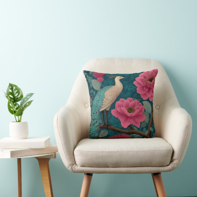 Vibrant Peacock and Pink Floral Pattern Throw Pillow (Chair)