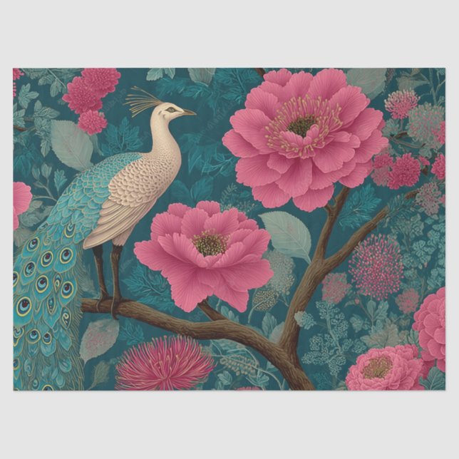 Vibrant Peacock and Pink Floral Pattern Tissue Paper (Front)