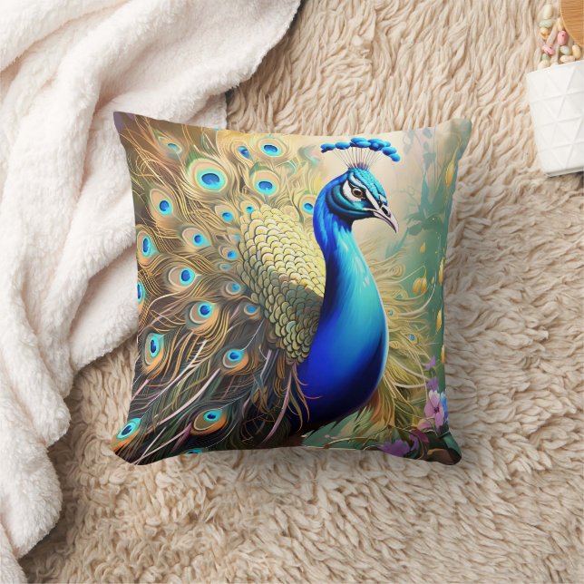 Vibrant Peacock Displaying Its Feathered Plumage Throw Pillow (Blanket)