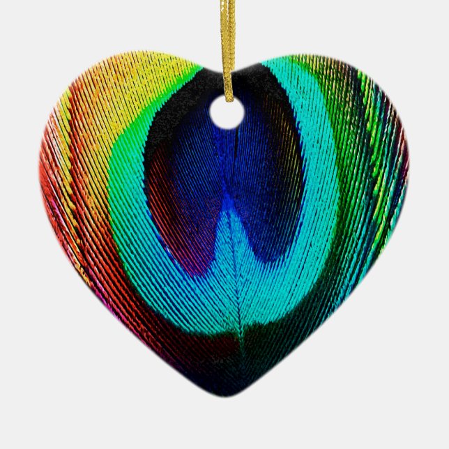 Vibrant Peacock Feather Ceramic Ornament (Front)
