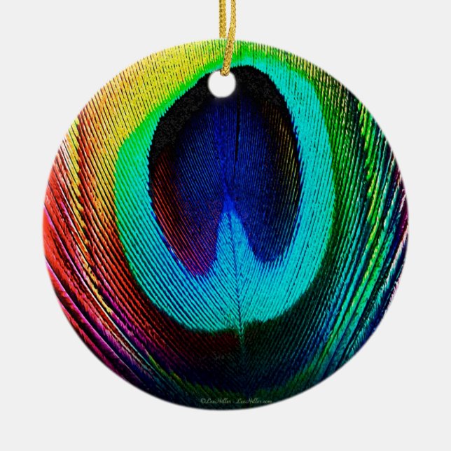 Vibrant Peacock Feather Ceramic Ornament (Front)