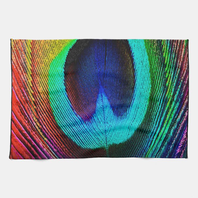 Vibrant Peacock Feather Kitchen Towel (Horizontal)