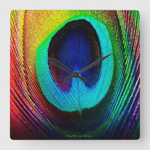 Vibrant Peacock Feather Square Wall Clock